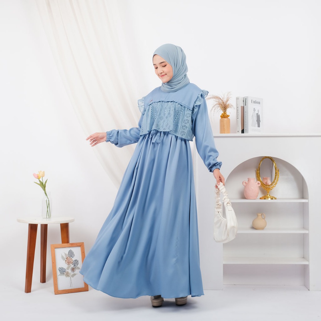 Meysha Dress Gamis Elegan Kondangan Muslim Mewah Shakila Kombinasi Brokat Cantik Wanita Nyaman S fit L