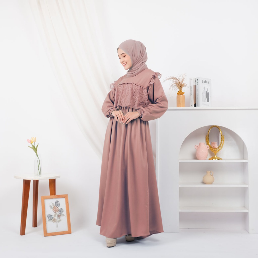 Meysha Dress Gamis Elegan Kondangan Muslim Mewah Shakila Kombinasi Brokat Cantik Wanita Nyaman S fit L
