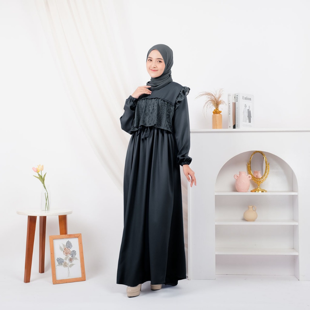 Meysha Dress Gamis Elegan Kondangan Muslim Mewah Shakila Kombinasi Brokat Cantik Wanita Nyaman S fit L