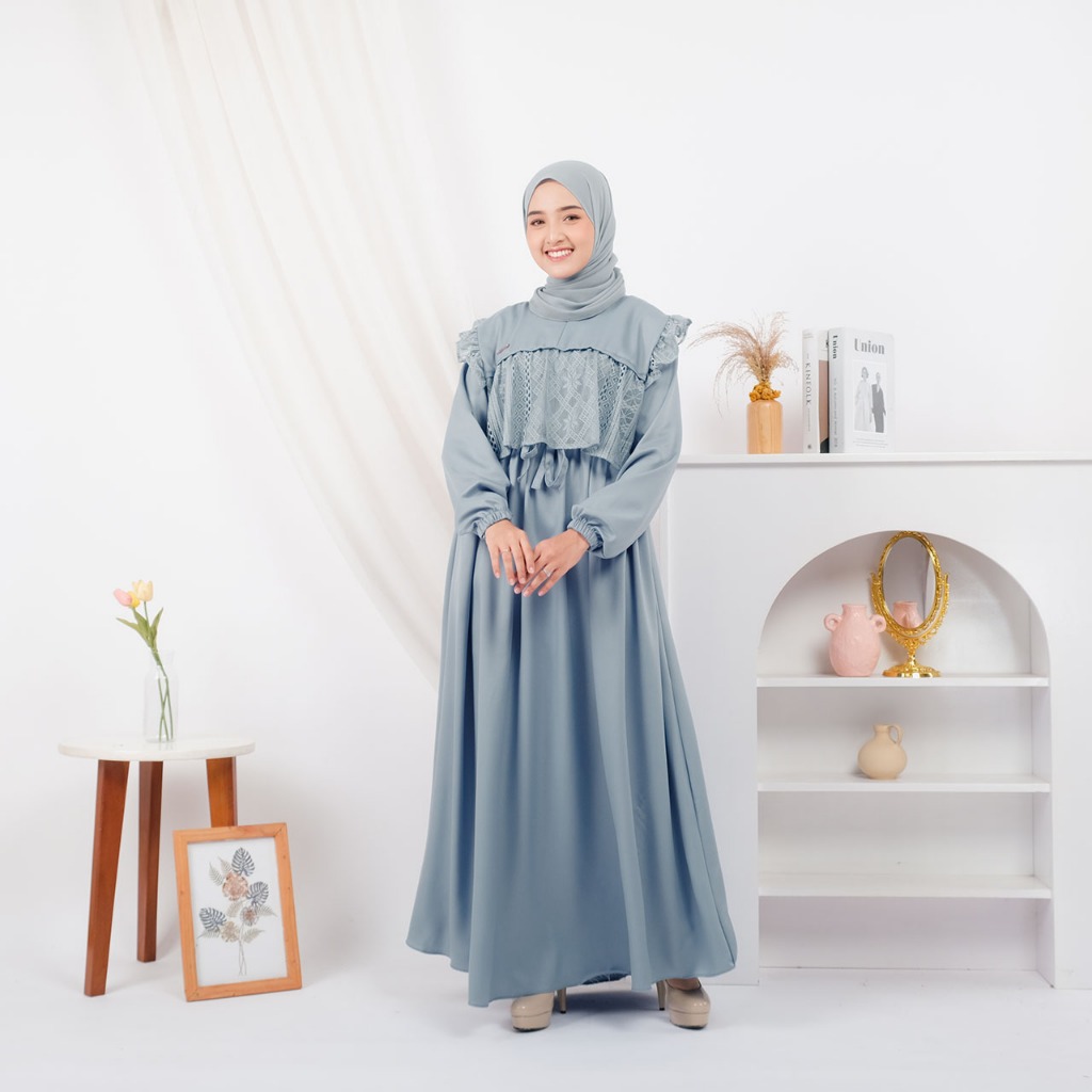 Meysha Dress Gamis Elegan Kondangan Muslim Mewah Shakila Kombinasi Brokat Cantik Wanita Nyaman S fit L