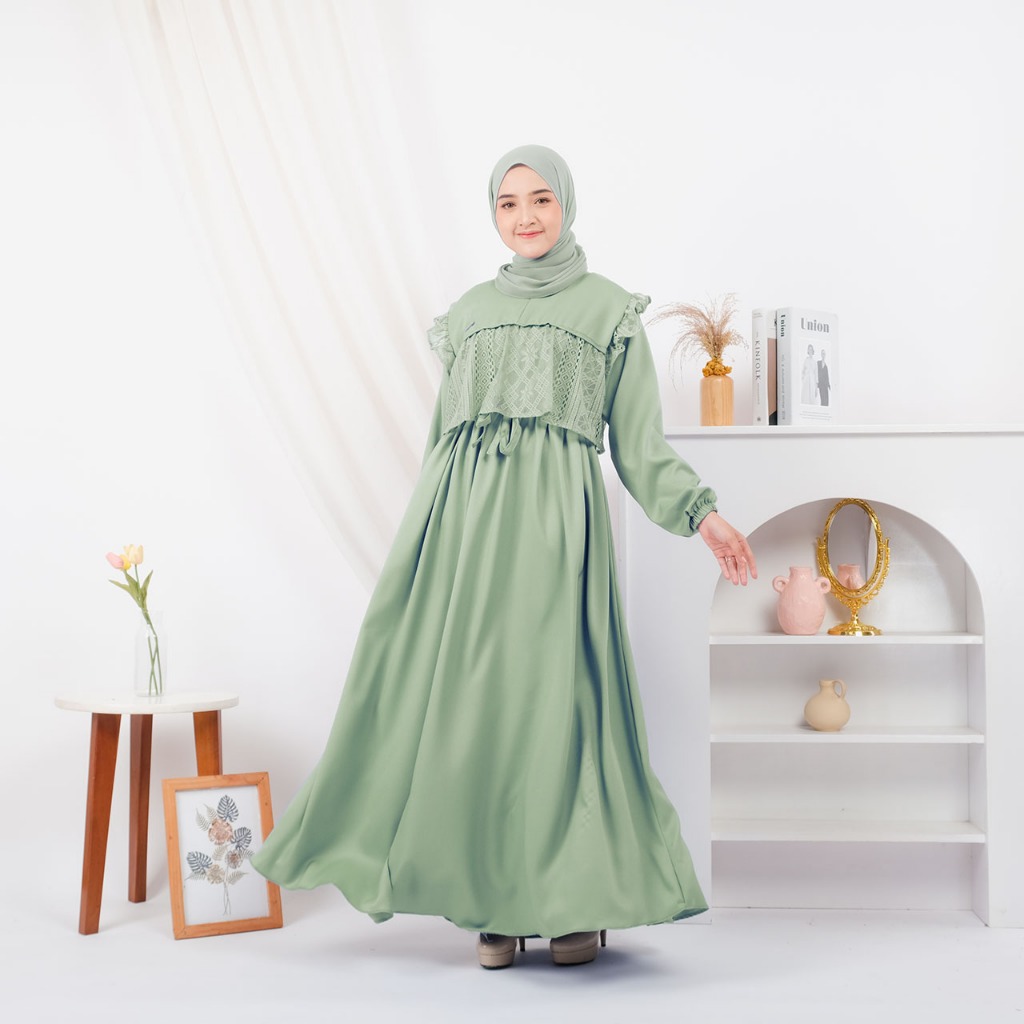 Meysha Dress Gamis Elegan Kondangan Muslim Mewah Shakila Kombinasi Brokat Cantik Wanita Nyaman S fit L